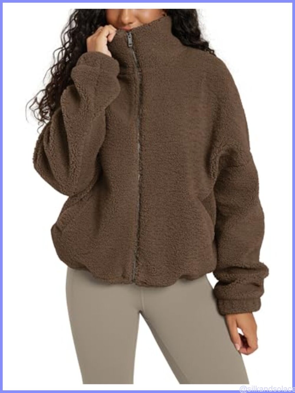 ODODOS Sherpa Fleece Full-Zip Jacket Funnel Neck Cinchable Hem Pockets